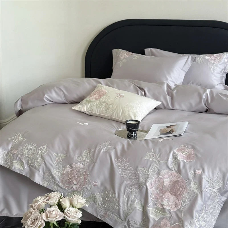 Premium 600TC Egyptian Cotton Luxury Flowers Butterfly Embroidery Pink Bedding Set