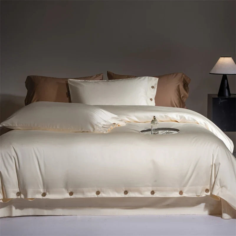 800TC Lyocell Cotton Bedding Set, Luxury Silky Soft Duvet Cover with Button Closure, Flat/Fitted Bed Sheet Pillowcases 4Pcs