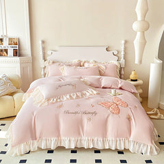 3/4Pcs Korean Princess Style Washed Cotton Three-Dimensional Embroidered Butterfly Queen Size Bedding Set