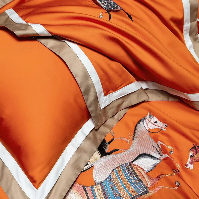 1000TC Satin Egyptian Cotton Bedding Set, Horse Embroidery, Queen, King, Duvet Cover Set, Flat/Fitted Bed Sheet, Pillowcases