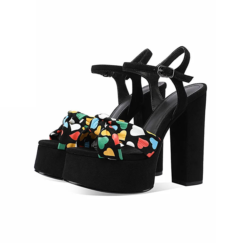 Black Cowhide Paillette Platform Bowknot Round Toe Super High Heel