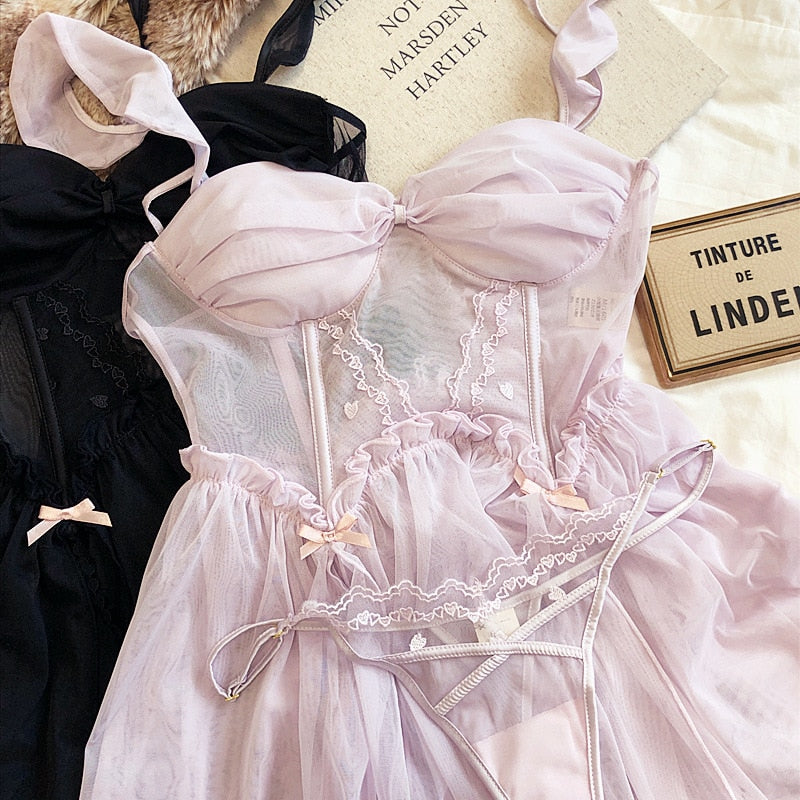 2-teiliges Nachthemd-Dessous-Set in Rosa/Schwarz