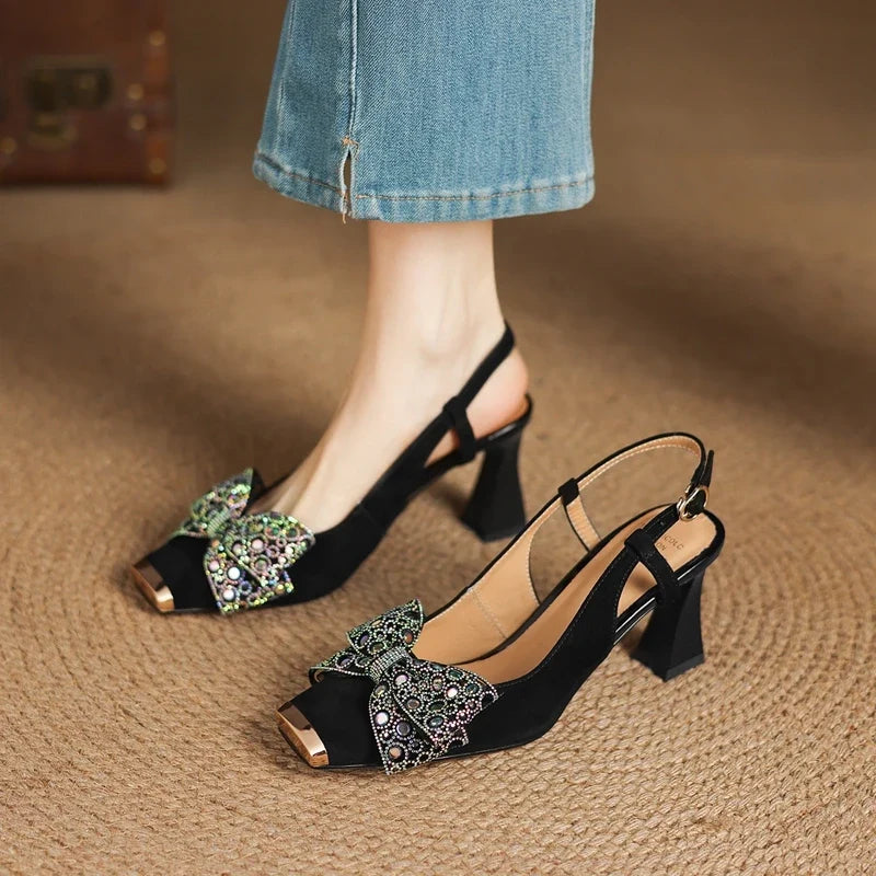 metal square head sheep suede colored bow elastic high Heels