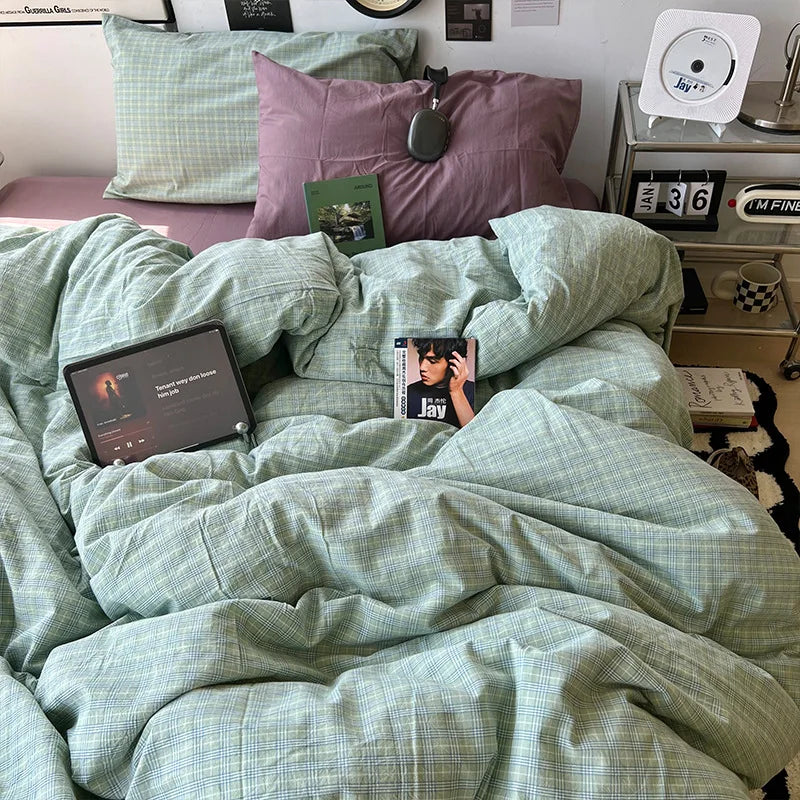 Vintage Plaid Cotton Duvet Cover Set Twin Full Queen Size Soft Bed Flat Sheet Bedding Set