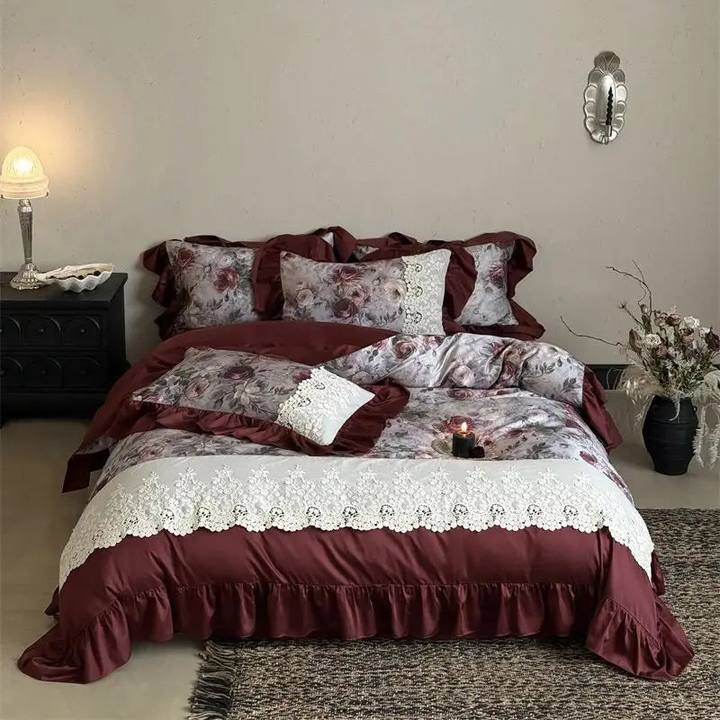 Vintage French-style Rose Print Lace Ruffle Bedding Set
