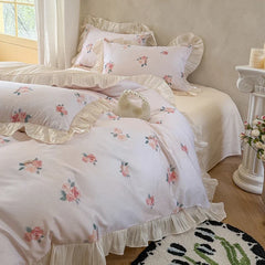 100% Cotton French Cottage Rose Print with Ruffle Trim Princess Bedding Set