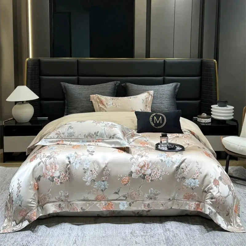 1000TC Egyptian Cotton Blooming Flower Satin Silky Brocade Jacquard Luxury Bedding Set