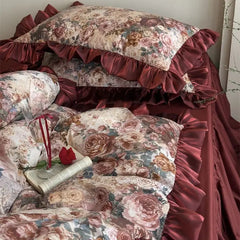 1000TC Egyptian Cotton Vintage French Rose Flowers Print Lace Ruffles Bedding Set