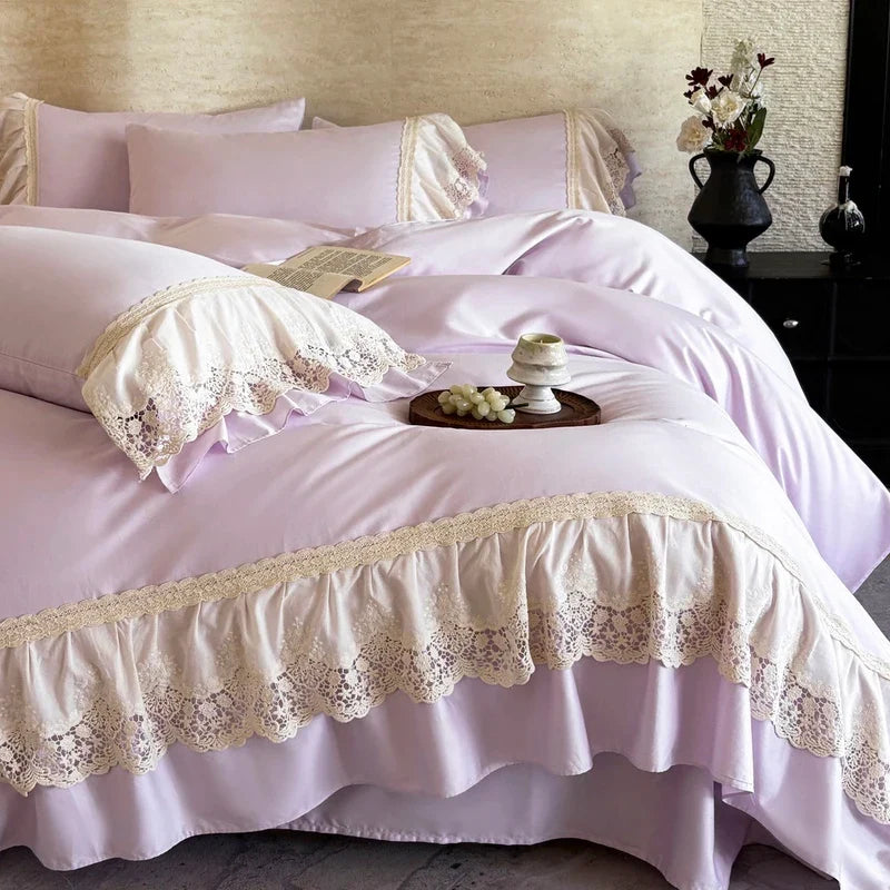 600TC Egyptian Cotton Romantic Lace Ruffles Princess Bedding Set