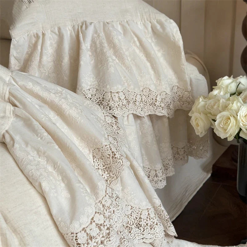 20% Linen And 80% Cotton Large Lace Ruffles Vintage French Luxury Bedding Set