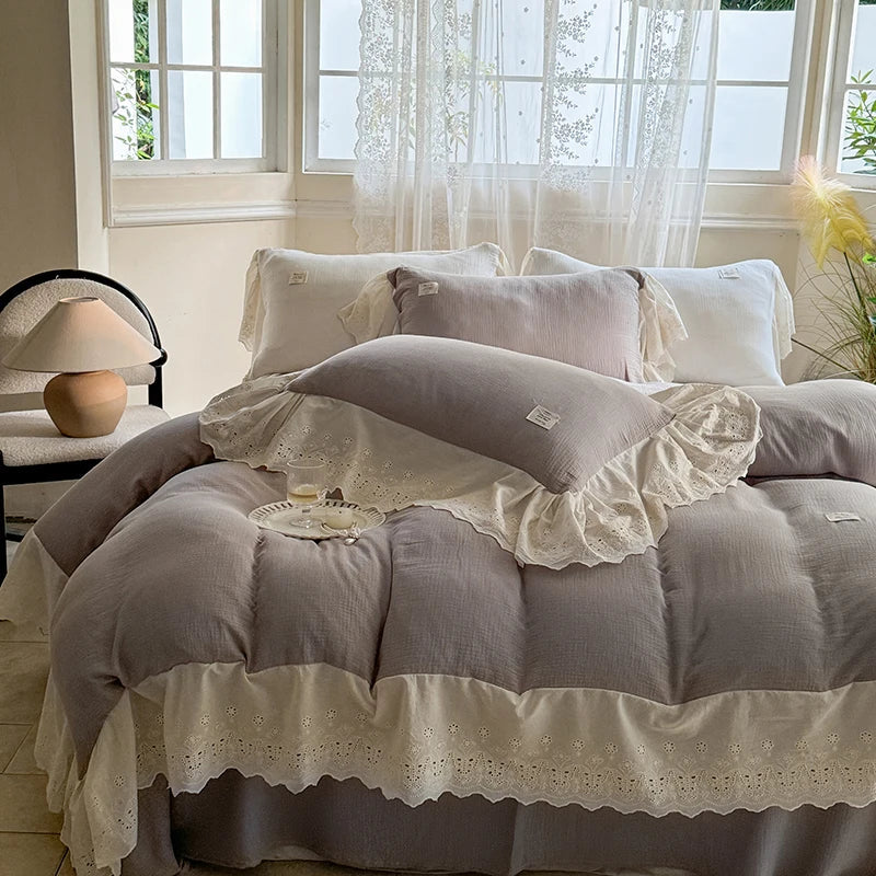 Vintage French Lace Ruffles 100% Cotton Double Yarn Soft Comfortable Bedding Set