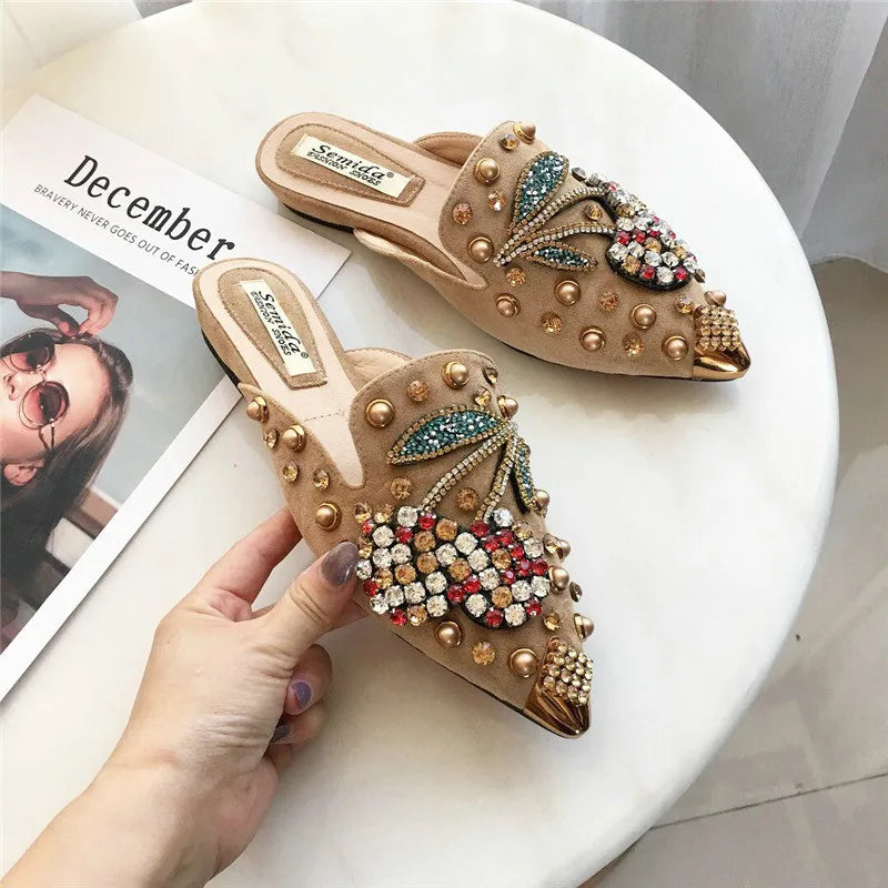 Large Size Women Mules Rivet Half Slippers Female Cherry Rhinestones Pointed Flat Shoes