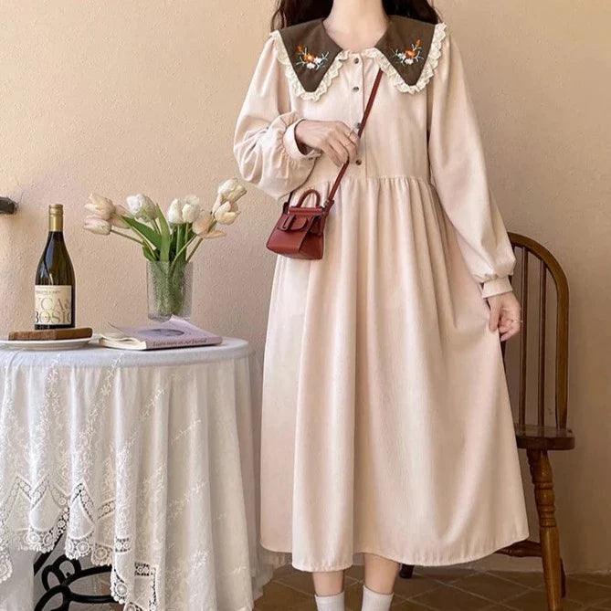 Forest Flower Corduroy Cottagecore Dress with Embroidery
