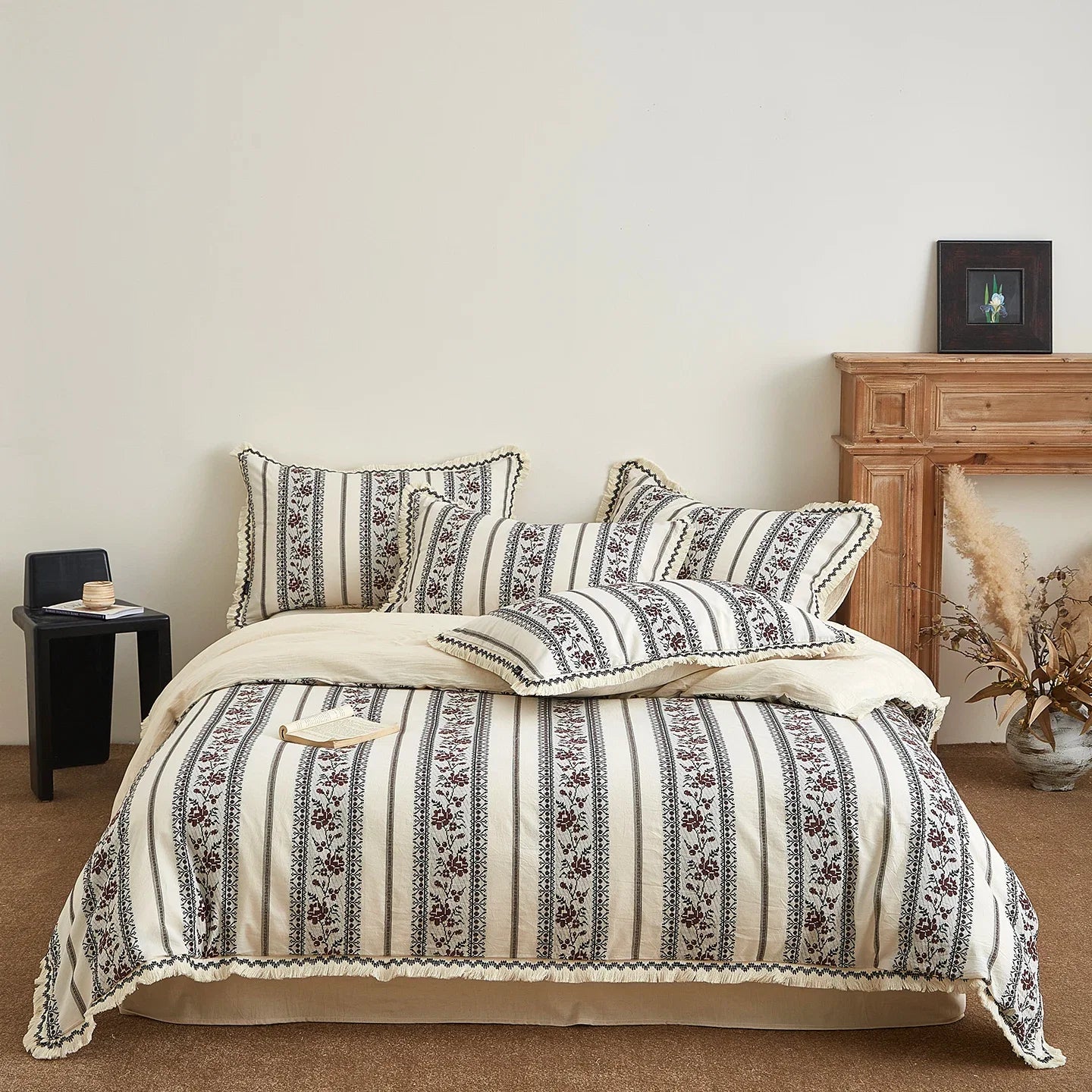 Vintage French Yarn-dyed Cotton Linen Blend Jacquard Tassel Edge Bedding Set