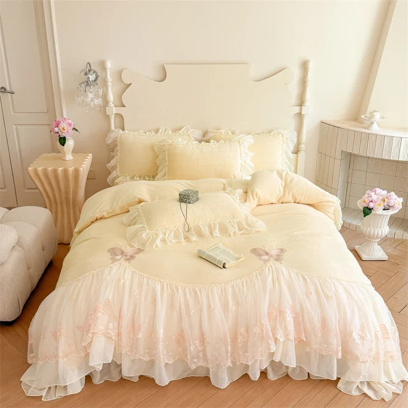 Butterfly Embroidery Lace Ruffles Princess Bedding Set