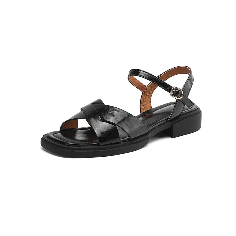 Leather Cowhide Elastic Belt Buckle Low Heel