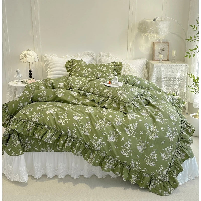 4/6Pcs Pure Cotton French Flowers Prints Ruffles Princess Bedding Set