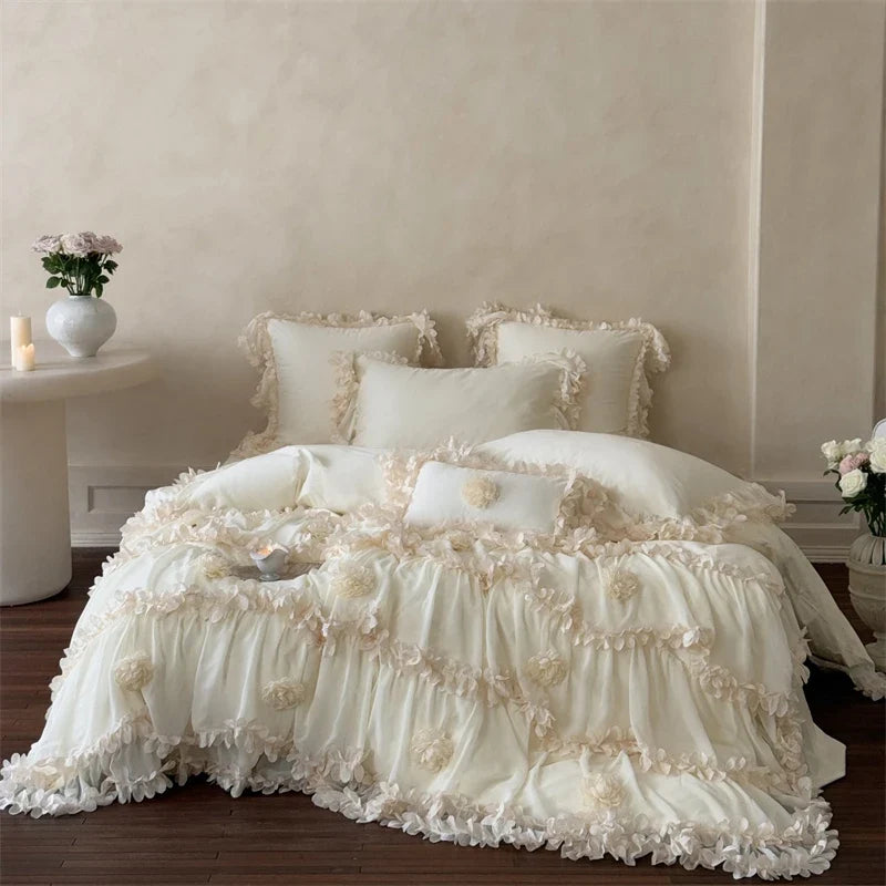 Romantic Lace Ruffles Flowers Princess Wedding Bedding Set