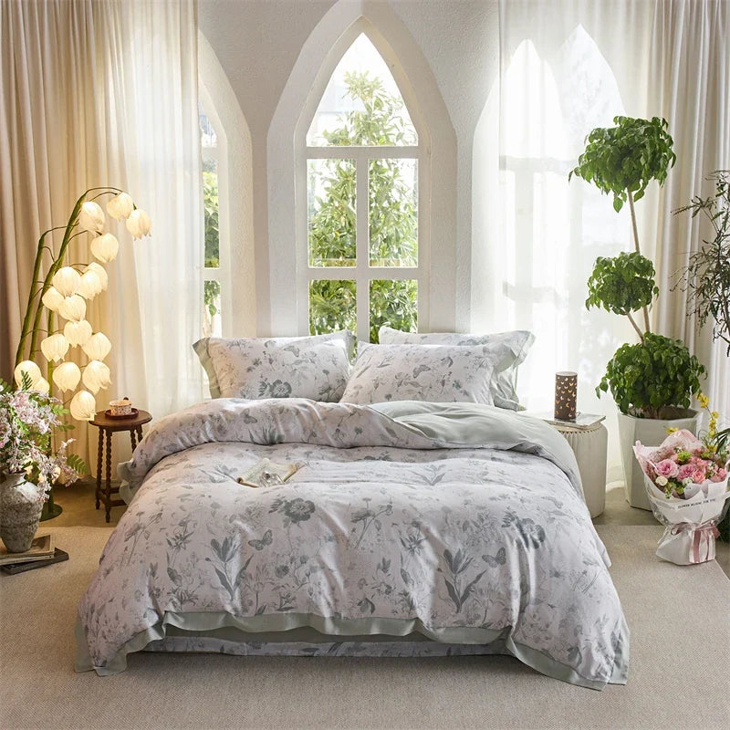 600TC Lyocell Duvet Cover Set - Soft Floral Print Bedding Set, Breathable Cooling Bed Sheet with Pillowcases for Queen/King Size