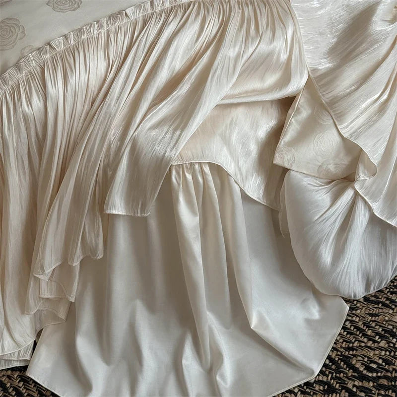 Vintage French Large Lace Ruffles Lyocell Cotton Rose Jacquard Luxury Bedding Set