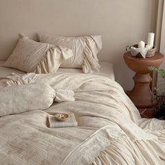 Vintage French Butterfly Lace Ruffles Cotton Linen Blend Jacquard Bedding Set
