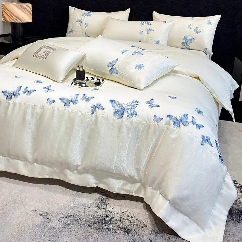 100% Egyptian Cotton Lace Butterfly Embroidery Luxury Bedding Set
