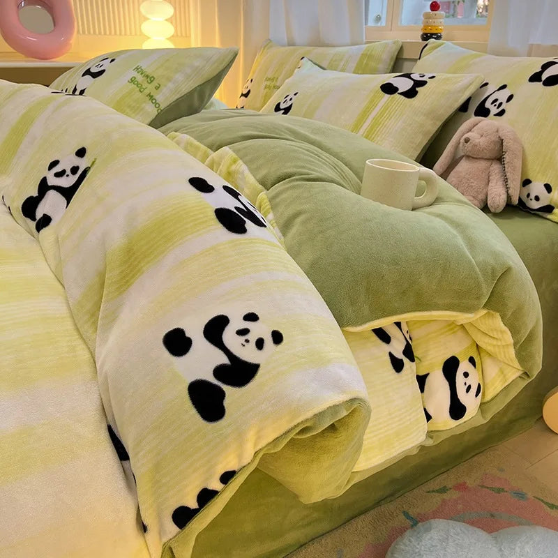 Cute Cartoon Winter Warm Quilt Cover Set Queen Bedding Set