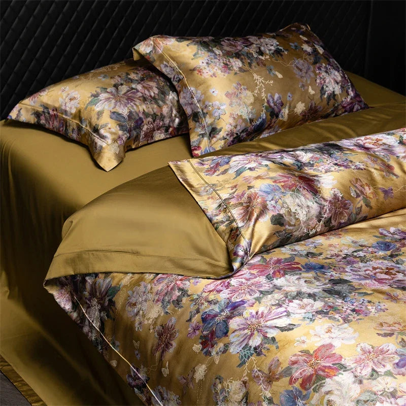 Luxury Blooming Flowers Satin Jacquard 1000TC Egyptian Cotton Bedding Set
