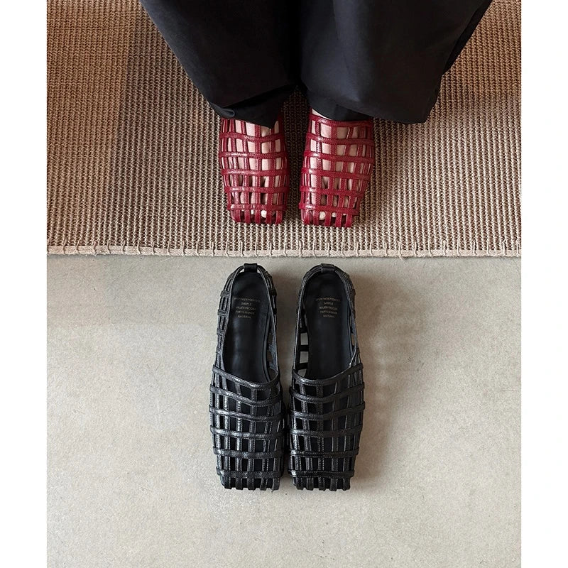leather cowhide square toe hollow breathable and comfortable low Heel