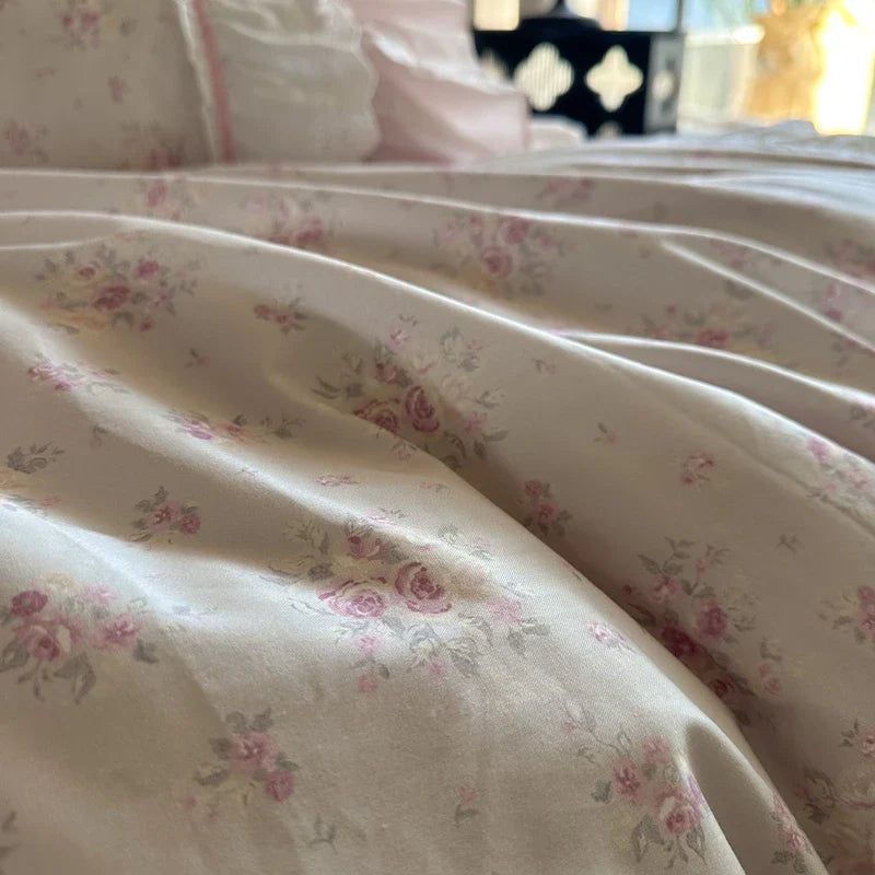 Pink Floral Double Layer Lace Ruffles 100% Cotton Bedding Set
