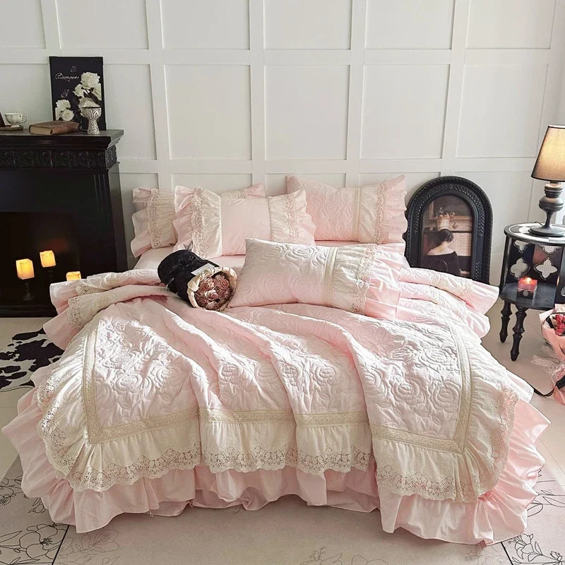 Rose Embossing Quilted Duvet Cover Set Vintage Lace Ruffles Pure Cotton Bedding Set