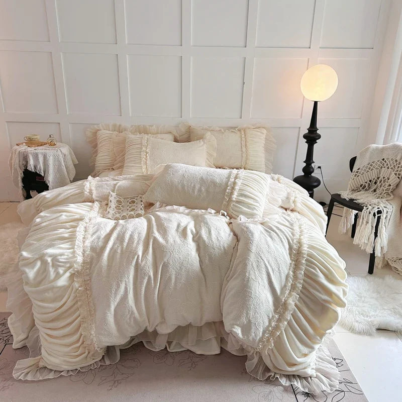 Pink Princess Style Pleated Lace Ruffles Carved Velvet Warm Soft Bedding Set