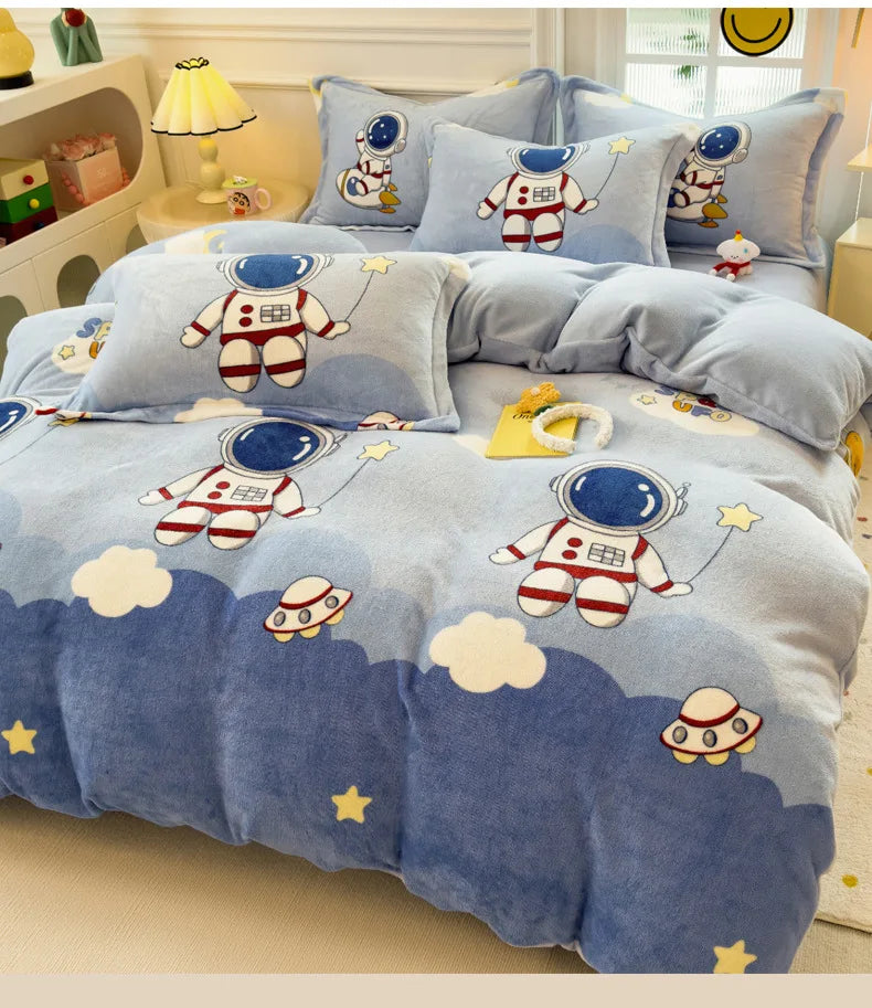 Cartoon Print Milk Velvet Duvet Cover Set Sheet Pillowcase Winter Plush Comforter Cover Set Home Textile Queen King Bedding Set