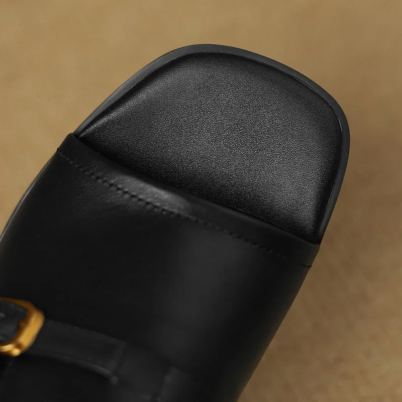 Metal Belt Buckle Round Head Exposed Toe Breathable Cool Mid Heel