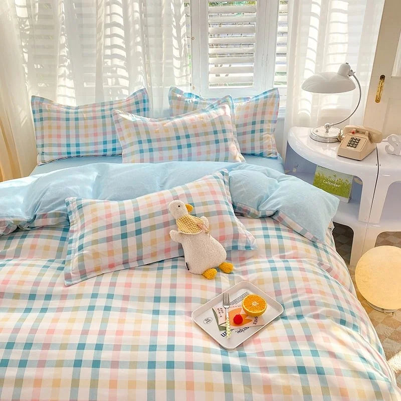Ins Orange Checkerboard Duvet Cover Flat Sheet Pillowcases Twin Full Double Size Pink Blue Bedding Set