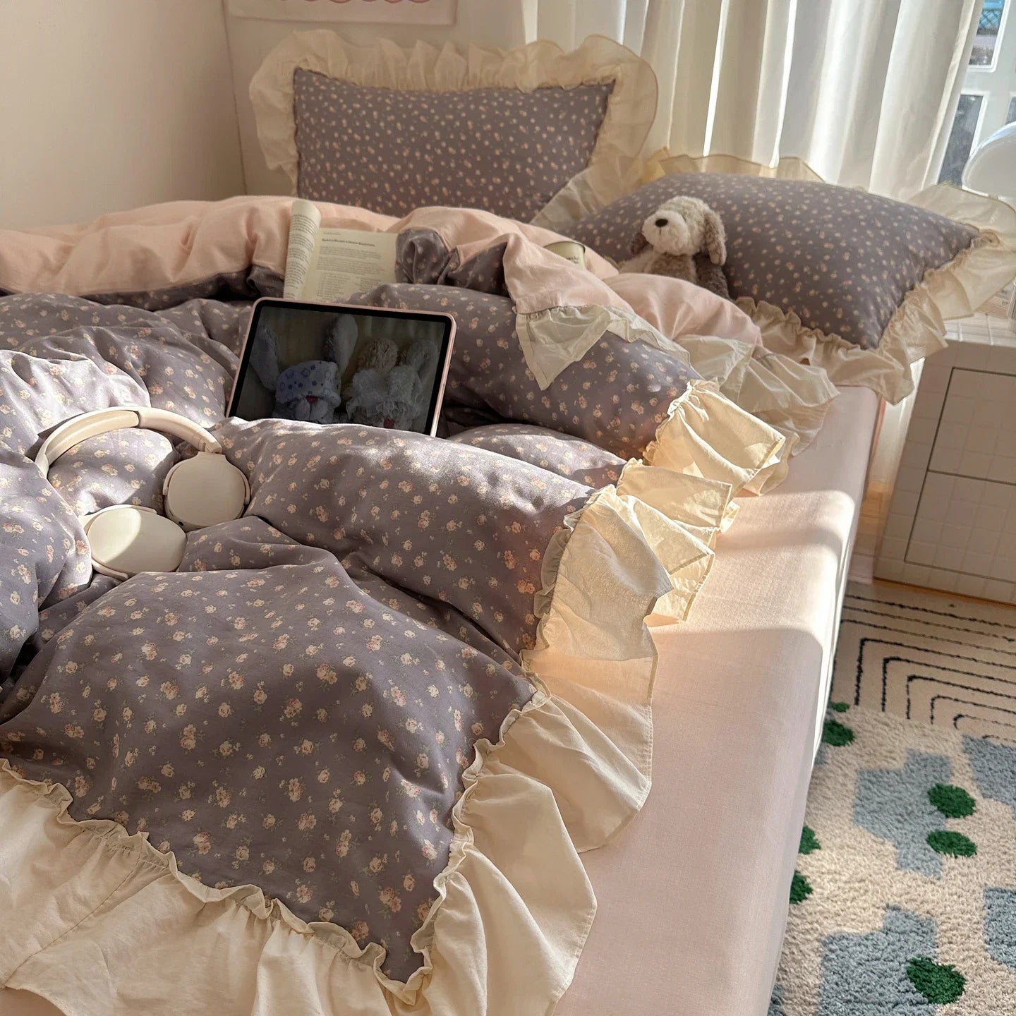 100% Cotton Korean Princess Style Floral Ruffles Bedding Set