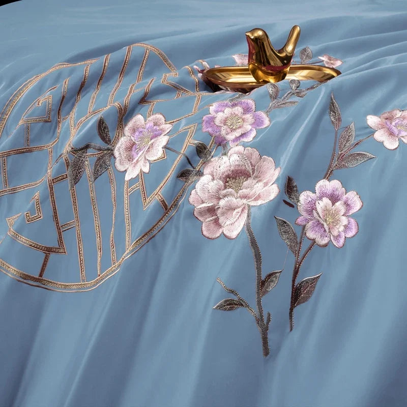 100% Cotton Luxury Oriental Golden Geometric Pattern Flowers Embroidery Bedding Set
