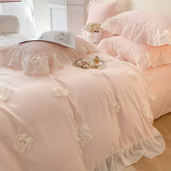 4Pcs French Princess Style Three-Dimensional Rose Flowers White Ruffle 2-Person Cotton Bed Linen Four-Season Pink Bedding Set