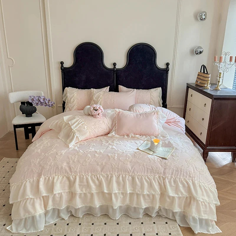 4Pcs French Vintage Princess Style Embroidered Chiffon Lace Ruffle Luxury Bedding Set
