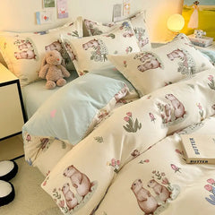 Cute Cartoon Duvet Cover Set No Filler Ins Full Queen Size Comforter Cover Sheet Pillowcase Skin-friendly Girl Home Bedding Set