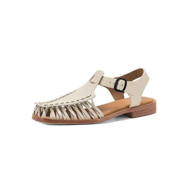 leather cowhide round toe low Heel