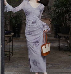 2-Piece Violet Rose Print Whimsigoth Mesh Set