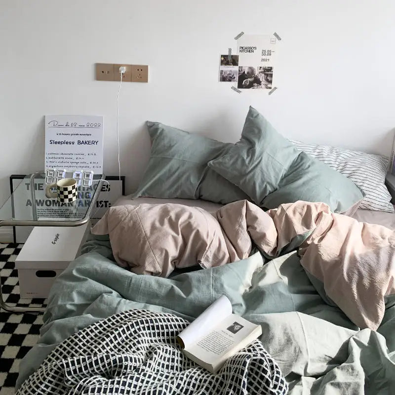 Solid Duvet Cover Set with Sheet Pillowcases Korean Comforter Cover Bed Linen Twin Full Queen Size Grid Home Bedding Set