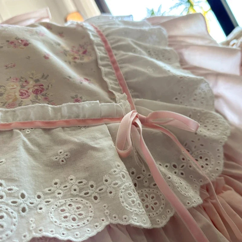 Pink Floral Double Layer Lace Ruffles 100% Cotton Bedding Set
