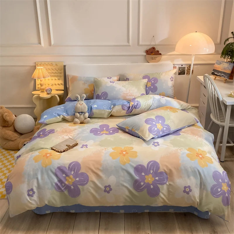 Spring 100% Cotton Duvet Cover Set Fashion Floral Printed Queen Bedding Set