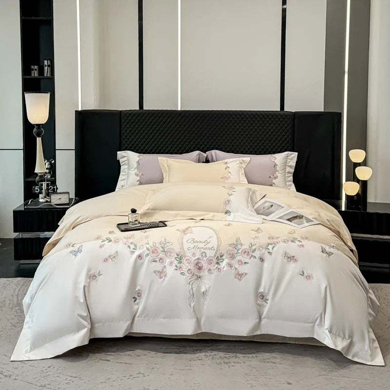 100% Cotton Rose Flowers Butterfly Embroidery Bedding Set
