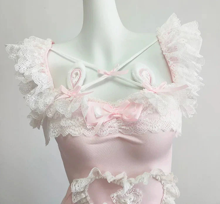 Wonder-hop Pink Coquette Bustier Top with Bunny Ears and Lace Ruffles