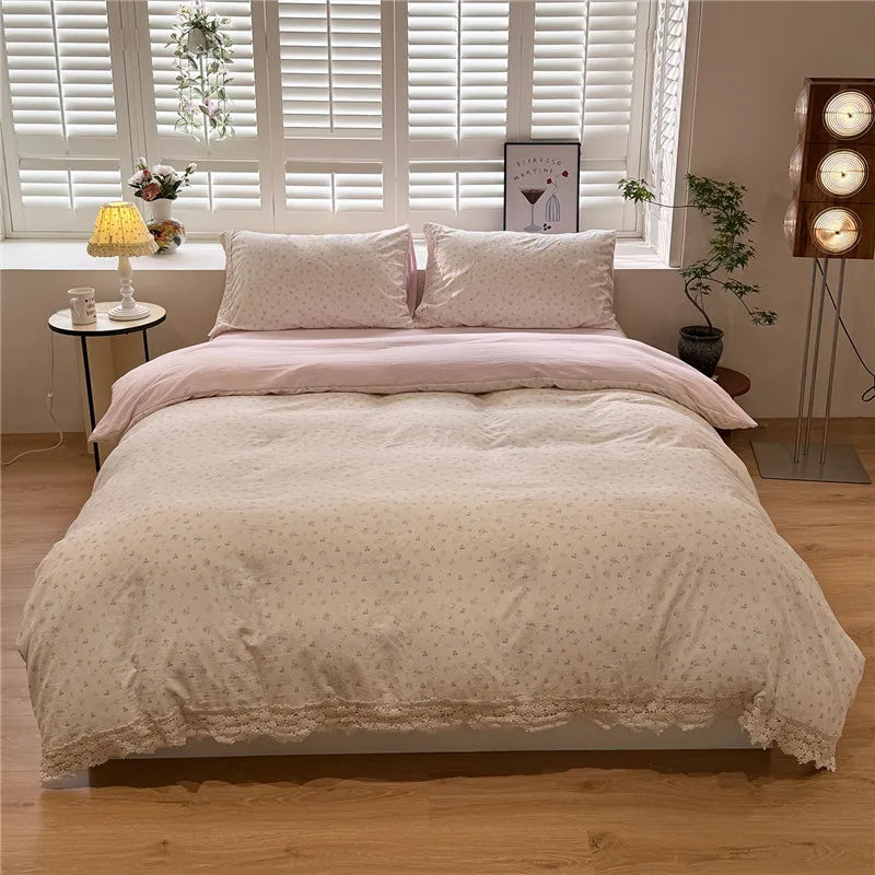 3/4Pcs Korean Princess Flower Print Lace Bedding Set