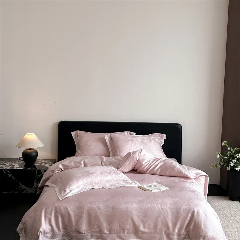 Luxury Lyocell Cotton Jacquard Bedding Set, Scenic Pattern Duvet Cover Set with Pillowcases, Soft Bed Sheet/Fitted Sheet, 4Pcs
