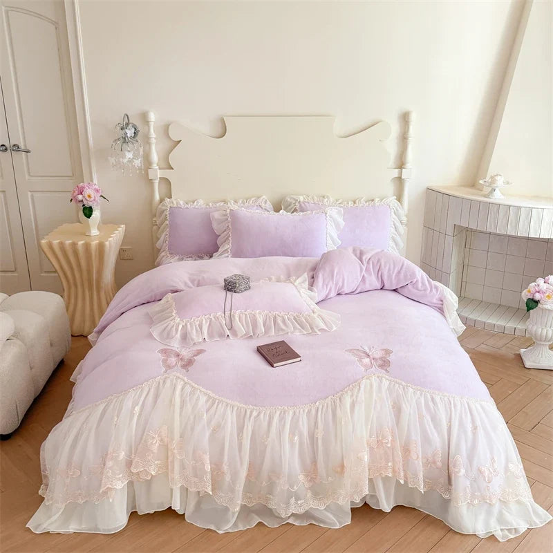 Butterfly Embroidery Lace Ruffles Princess Bedding Set
